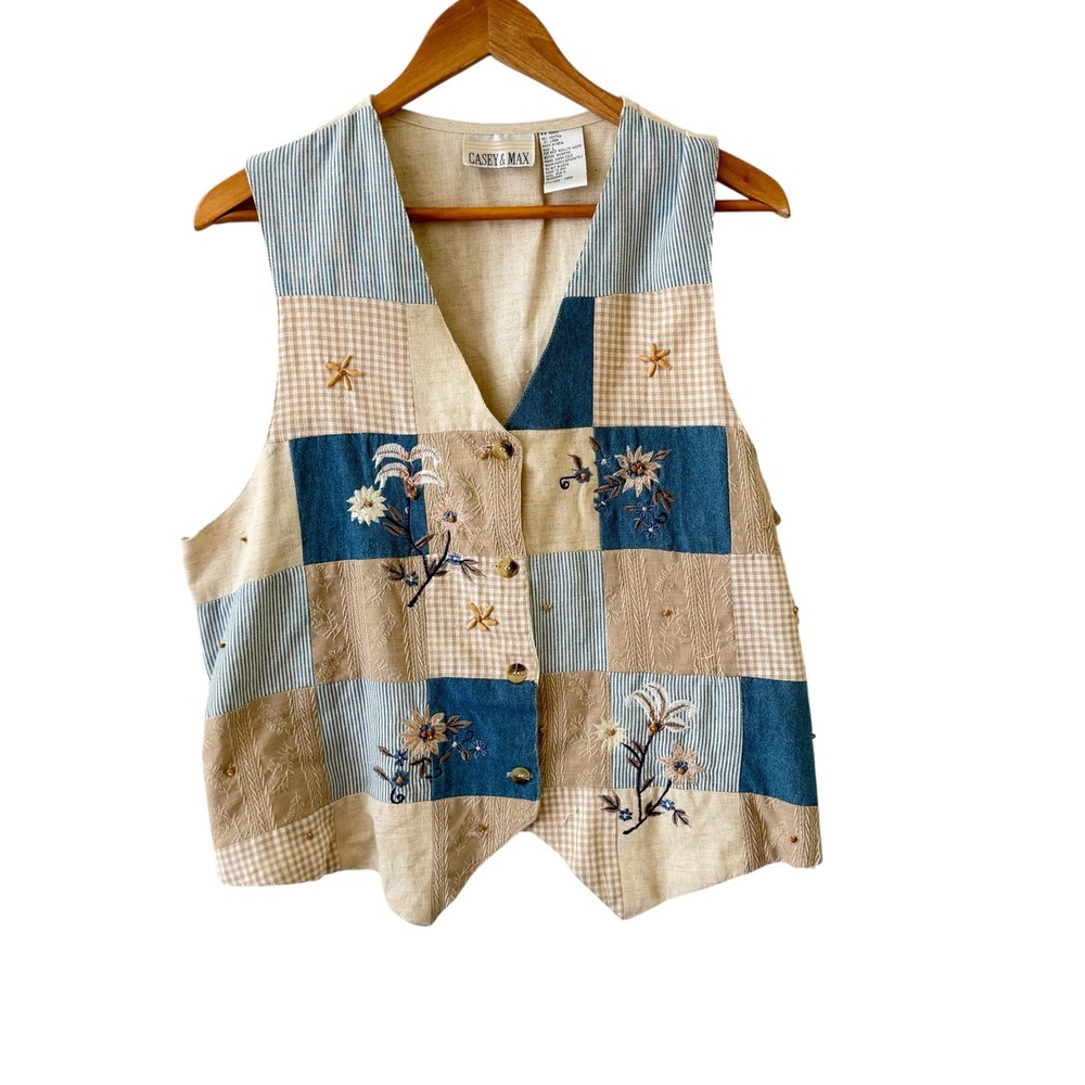 Vintage Patchwork Vest Womens L Blue Tan Floral Embroidered Linen Blend Cottage